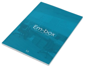 Ikona katalogu marki Em-Box - broszura z napisem i zarysem mebli biurowych.